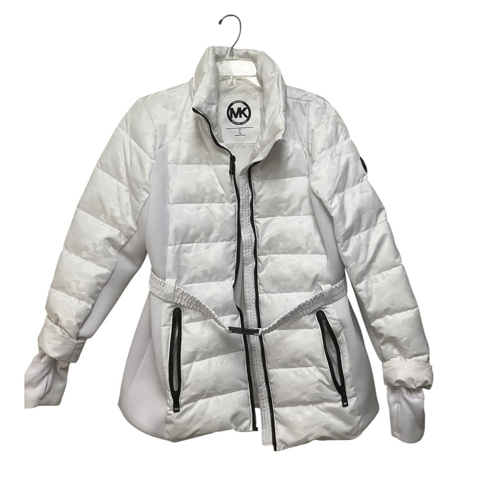Michael Kors Puffer Jacket Detachable Hood MK Belt Camo White Faux Fur Trim Logo - Picture 5 of 14